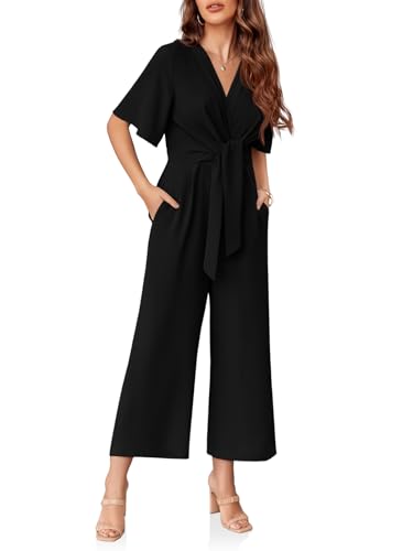 Cicy Bell Women's Elegant V Neck Jumpsuits Dressy Casual Short Sleeve Wide Leg Long Pants Rompers2