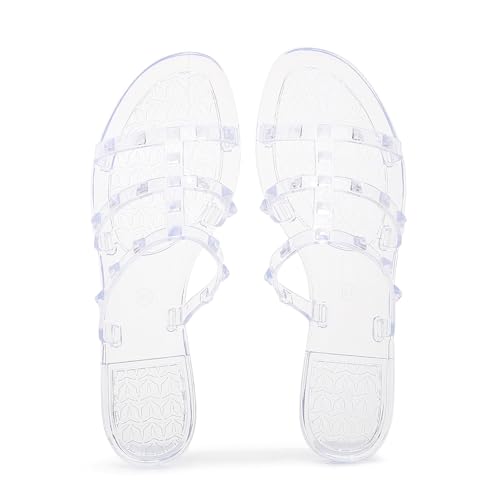 Image of Women Flats Sandals, Studded Jelly Shoes Size 9 Red Dressy Summer Beach Rivets Strappy Jellies Slide Slip On Open Toes