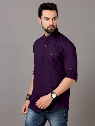 Image of DEEMOON Men's Cotton Blend Full Sleeve Short Kurta with Mandarin Collar Crafted from a Premium Cotton Blend