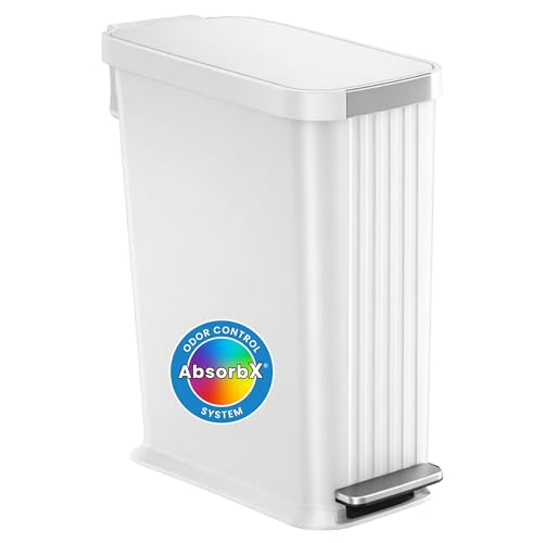 Image of iTouchless SoftStep 50 L / 13.2 Gallon Slim Step Pedal Kitchen Trash Can with Odor Filter, Indoor Recycling Bin Durable Dent-Proof, Stainless Steel Trim Garbage Bin with Lid, Home Office White Plastic