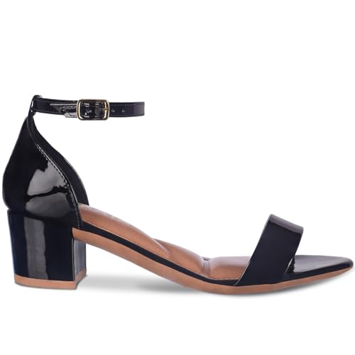 Sandalia Feminina Verniz Salto Médio Baixo Confortavel A302 (Preto, BR, Adulto, Numérico, M, 39)