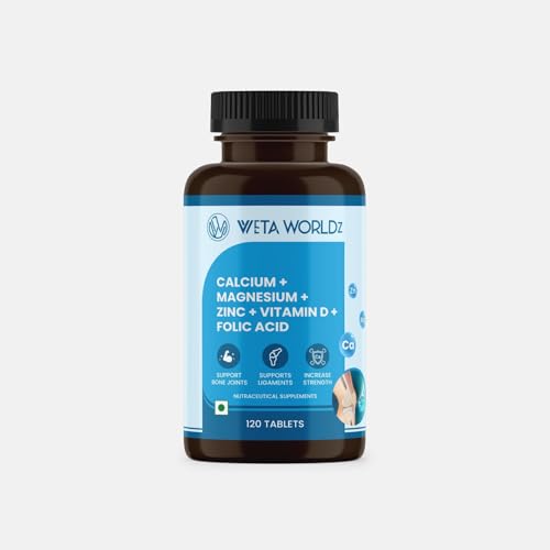 Weta Worldz 120Tablet Calcium, Magnesium, Folic Acid with Vitamin D3 & B12 | Ideal Supplement for Bone, Cartilage, Ligaments & Joint Health