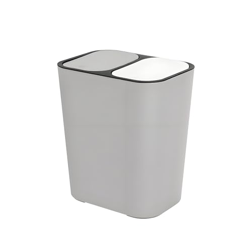 Holdfiturn Double Recycling Waste Bin Rectangle Plastic Trash Can Dual Compartment Garbage Storage Box Container Push-Button Rubbish Bin for Kitchen Office Home (Grey)