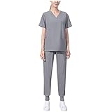 Scrub Sets for Women 2024 Jogger Scrub Set Two Piece Outfits Nursing Uniform Stretch V-Neck Top and Drawstring Pants Gray