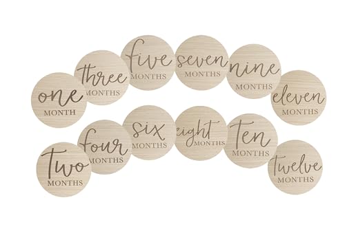 Image of Little Pear Wooden Milestone Photo Cards - Double-Sided Baby Announcement Discs, Ideal Photo Prop for Monthly Pregnancy Journey and Baby Milestones, 1-12 Months, Light Wood