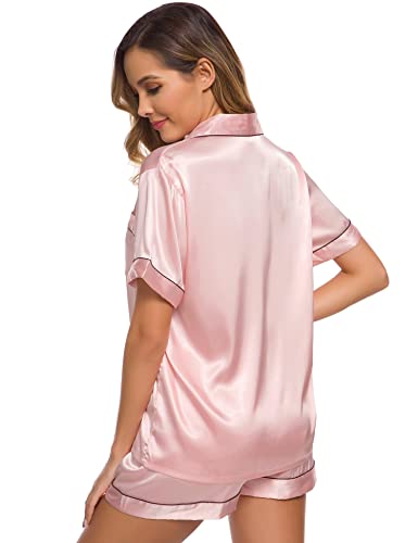 Image of SWOMOG Womens Silk Satin Pajamas Set Short Sleeve Sleepwear Button Down Top and Shorts Loungewear 2 Piece Pjs Set XS-3XL
