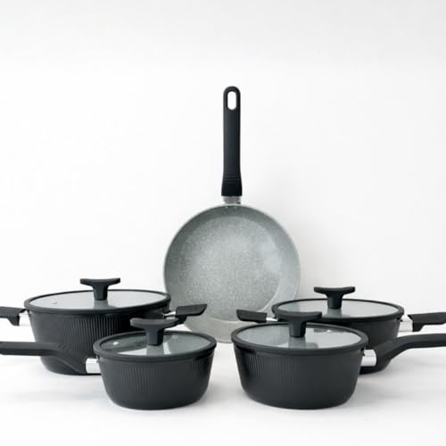 Jhamba Conjunto de Panelas 5 Peças, Alumínio 2,5mm, Revestimento Cerâmico Antiaderente, Tampas de Vidro Temperado, Cabos Soft Touch (Black)