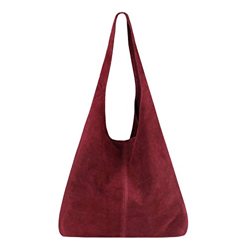 OBC Made IN Italy Damen Leder Tasche Wildleder Shopper Schultertasche Hobo-Bag Henkeltasche Beuteltasche Velourleder (Bordo (Wildleder))