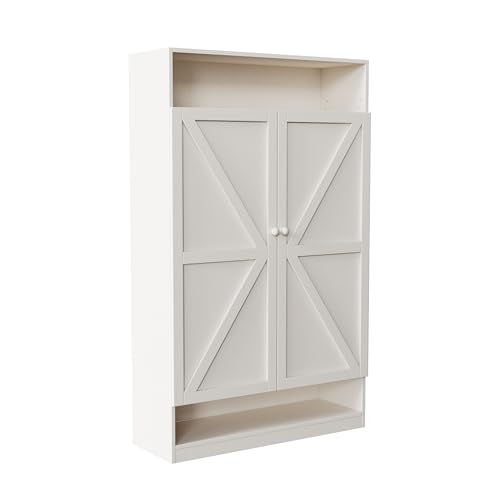 HAINEW Zapatero zapatero con 2 puertas, estantería de madera blanca, organizador con compartimentos abiertos para entrada, pasillo, salón, 80 × 40 × 141 cm