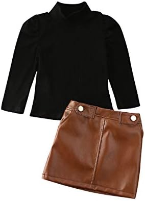 2Pcs Toddler Baby Girl Fall Outfits Knit Sweater Long Sleeve T-Shirt Tops PU Leather Mini Skirt Clothes Set (Brown, 4-5Years)