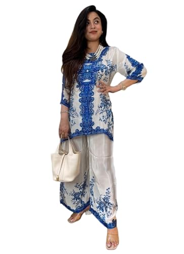 Image of GoSriKi Women Rayon Viscose Straight Printed Kurta with Palazzo | Two Piece Ethnic Kurta Palazzo Set for Women | Indian Traditional Dress |Printed Kurti with Bottom for Ladies