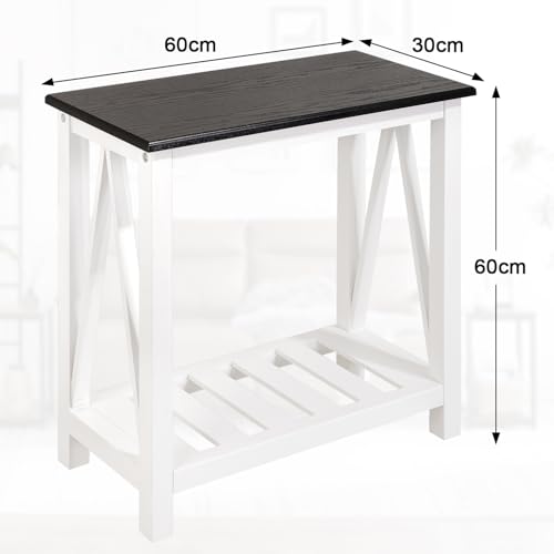 FEUFOAM Farmhouse Beistelltisch Holzrahmen Schmaler Beistelltisch mit Ablagen Schwarz Weiß Rechteckig Nachttisch Sofatisch für Couch, Kleine Räume, Wohnzimmer, Schlafzimmer – Bild 4