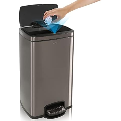 IRONWALLS Motion Sensor Automatic Trash Can 13 Gallon 50 Liter, 3 in 1 Commercial Step Garbage Can for Kitchen with Foot Pedal, Black Brushed Stainless Rubbish Bin for Home Office, Restaurant Cover
