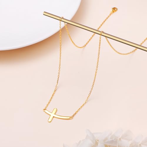 Image of Ladytree 925 Sterling Silver Concise Sideways Cross Pendant Necklace Choker for Women Christian Jewelry
