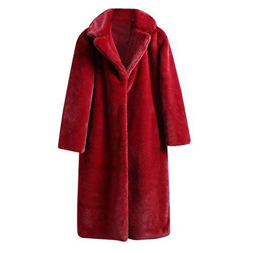 Shopessa Fleece Overcoat Women Turn Down Collar Outerwear Warm Faux Fur Coat Jacket Long Sleeve Fuzzy Loose Coats For Women Red #TOP4