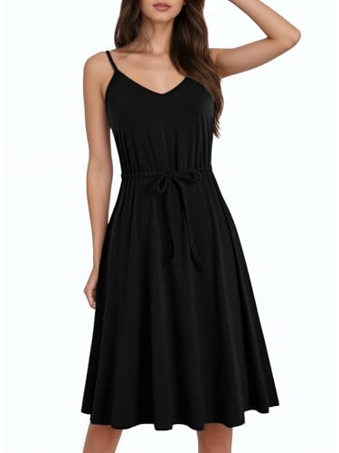 Image of BARASA Sundresses for Women Summer Sleeveless V Neck Spaghetti Strap A Line Wedding Guest Petite Dresses with Pockets D826