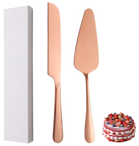XIAOYU Juego de 2 cuchillos y servidores para tartas de boda, juego de corte de pasteles de acero inoxidable, juego de servir pasteles para bodas, cumpleaños, fiestas y aniversarios, oro rosa