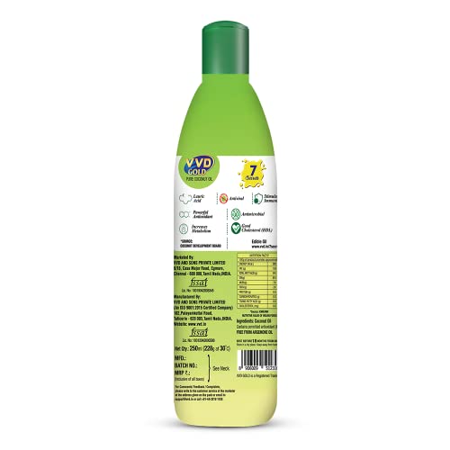 Image of VVD Gold Pure Coconut Oil - 250ml Bottle | For nourishing Hair Care and Growth | Thengai Ennai | Velichenna | Naariyal Tel | Kobbari Nune | Tengina Enne