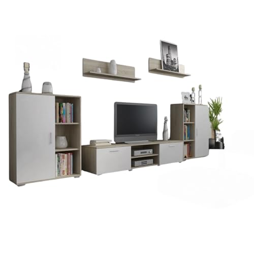 Per la vita Wohnwand Herkules, Schrankwand Wohnzimmer Modern, Wohnzimmerschrank mit Fernsehtisch, Sideboard und Wandregal Wohnzimmer Komplett Möbel - Sonoma/Weiß