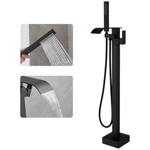BWE Black Freestanding Bathtub Faucet Floor Mounted Tub Filler Waterfall Tub Spout with Handheld Shower Head Single Handle Solid Brass Construction Bathtub System Matte Black Cover