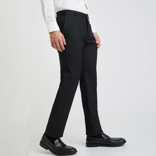 Image of Raymond Men's Mid Rise Slim Fit Stripe Pattern Polyester Blend Flat Front Formal Trouser