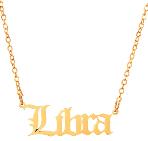 Retro Old English Gold Star Sign Pendant Chain Letter Necklace - Libra (23rd September - 23rd October) - Zodiac Constellation Horoscope Celestial Astrology Jewellery - Women Men Gift