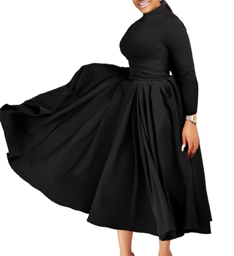 Women's Long Sleeve Maxi Dress High Waist Ruched A Line Swing Cocktail Party Dresses Plus Size