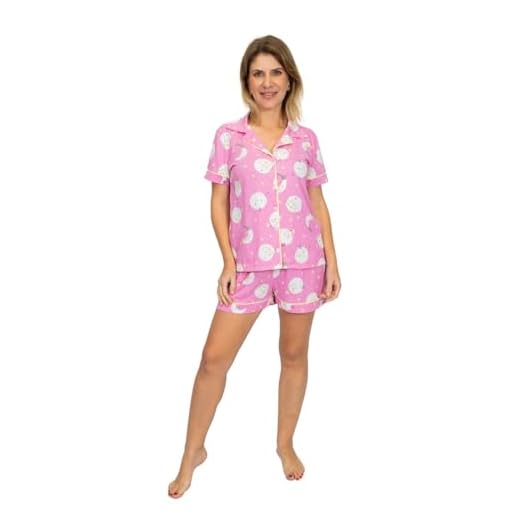 Pijama Algodão Feminino Curto Americano Manga Curta com Botões Verão Adulto indicado Gestante Amamentação e Pós cirúgico - Lua Rosa (BR, Alfa, 3G, Regular, Regular, Rosa)