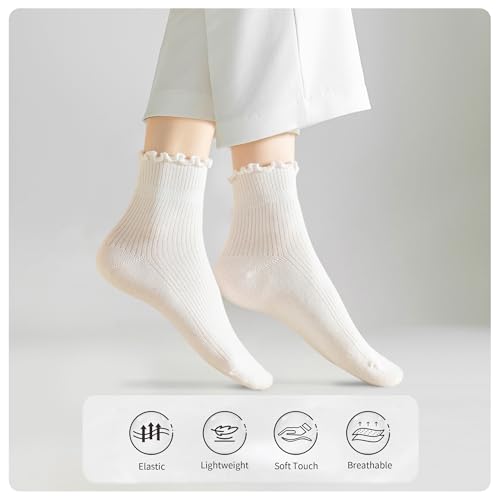 Image of 6 Pairs Ruffle Socks for Women Girls,Casual Cute Ankle Socks Breathable Knit Cotton Warm Soft Frilly Crew Sock