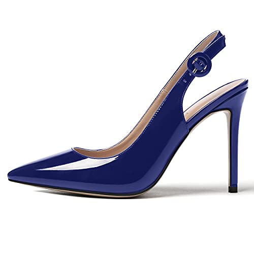 WAYDERNS Women's Patent Leather Buckle Pointed Toe Solid Slingback Stiletto High Heel Pump Shoes 4 Inch2