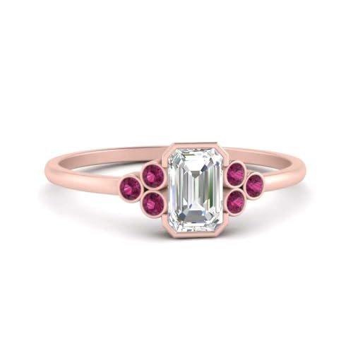 Image of Choose Your Gemstone Bezel Set Petite Diamond CZ Ring Rose Gold Plated Emerald Shape Petite Engagement Rings Everyday Jewelry Wedding Jewelry Handmade Gifts for Wife US Size 4 to 12