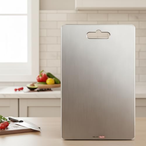 Image of Mkay-Inox Stainless Steel Chopping Board for Vegetable, Meat, Fruit Cutting, Kneeding, Cake Prep, Heavy Duty & Rust Free Chopping-Board (Size 31 CM X 21CM)