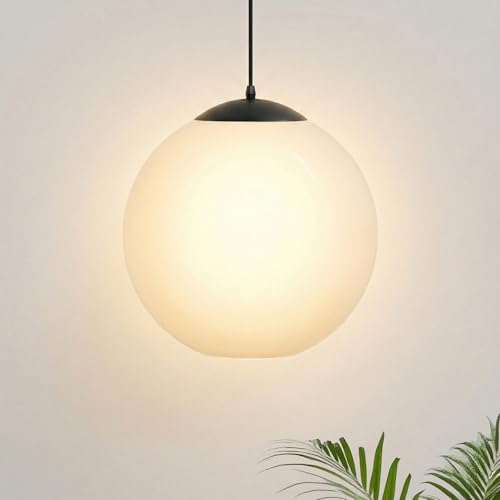 Image of KASTLITE 12 inch Acrylic Globe Pendant Light Fixture, 8W 3000K Filament LED Bulb, Ceiling Mount - Kitchen Pendant Lighting Over Island, Hanging Dining Light, Living Room Lamp - White Shade, Black Base