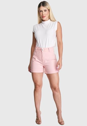 Encontraproduto.com.br - Shorts Feminino HNO Jeans Cintura Alta com Elastano Rosa