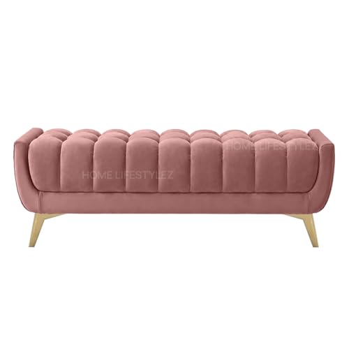 Image of Wooden 2 Seater Upholstered Bench Sofa | Hushkin Fabric Ottoman Bench & Footrest Stool | Modern Settee for Living Room, Bedroom & Office Entryway (Peach)