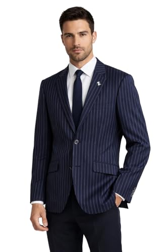 Image of Navy Blue Pinstripe Blazer, Men's Wool Jacket with White Stripes, Casual Boating Style Henley Regatta Wedding Party Summer (UK, Numeric, 36, Regular, Regular)