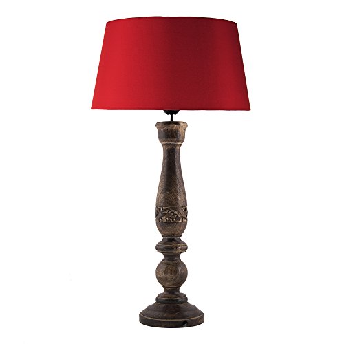 Image of Homesake Handcrafted Wooden Table Lamp for Bedroom & Living Room | Decorative Bedside Reading Lamp with Fabric Shade, E27 Holder | Bulb Included | Black Floral Carved Base for Home Decor, Red Drum