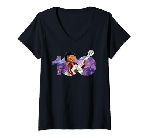 T-shirt col V Disney 100 Pixar Coco Miguel pour anniversaire en coton noir