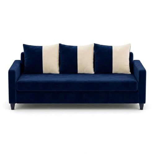 Image of FURNY Rion 3 Seater + 1 Seater + 1 Seater Fabric Sofa Set (Dark Blue-Cream) with Velvet Finish | Durable Comfort | Ideal for Living Room