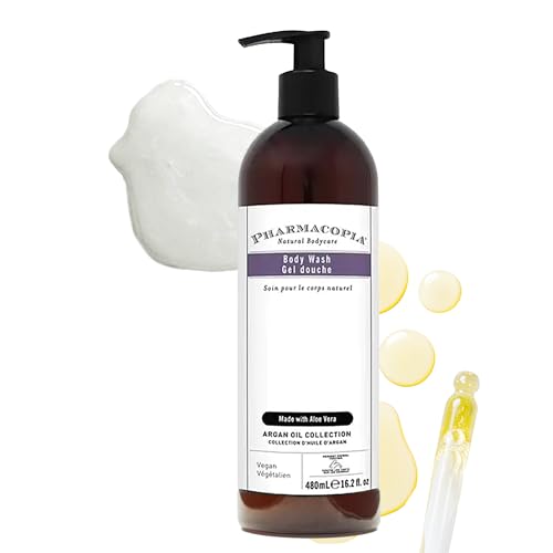 Pharmacopia Hotel Argan Oil Body Wash - Vegan Moisturizing Shower Gel with Aloe Vera, Coconut Oil and Green Tea Extract - Natural, Organic and Cruelty-Free Skin Care for Men and Women, 16.2 oz