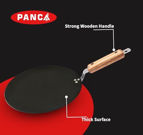 Image of PANCA Cast Iron Tawa 24cm Pre-Seasoned - Non Stick Iron Tawa for Roti, Dosa, Chapati | Induction & Gas Compatible Flat with Wooden Handle | Heavy Duty Cast Iron Cookware (Roti Tawa)