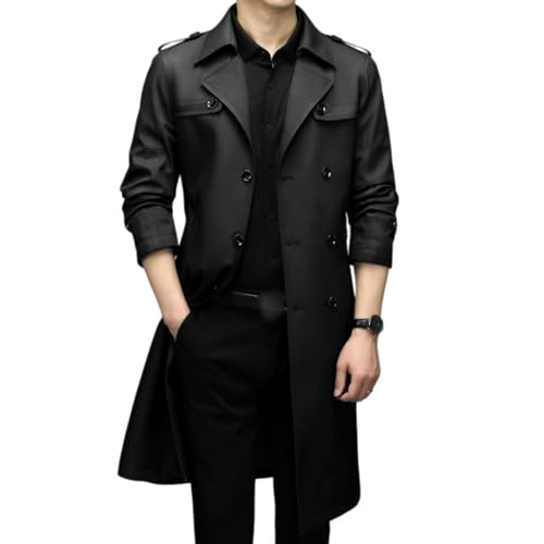 Gabardina larga para hombre abrigo casual negro con solapa de entretiempo L