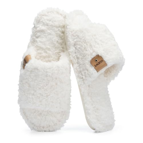 Fuzzy Open Toe Slippers for Women Indoor Cozy Memory Foam Slip On House Slides Shoes Gifts for Womens Her Mom