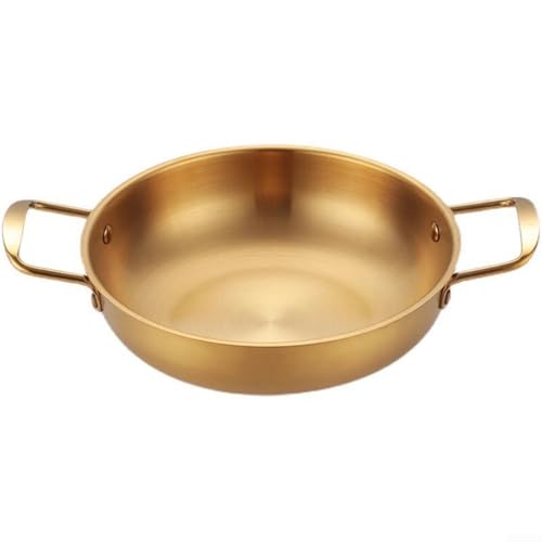 Poêle à fond plat en acier inoxydable avec deux poignées pour paella, soupe, ragoût, cuisson au four et sur la cuisinière, facile à nettoyer, surfaces lisses (doré, 28 cm)