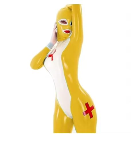 Catsuit aus 100 % Latex, für Sport, Fitness, Maskerade, Cosplay, Jumpsuit, Damen, gelb, 5XL