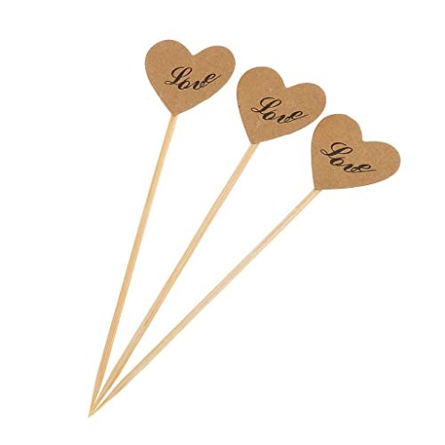 Dovewill 50X Brown Kraft Paper Heart Cupcake Topper Toothpicks For Wedding Decoration Love/I Do Prints - Love #TOP6