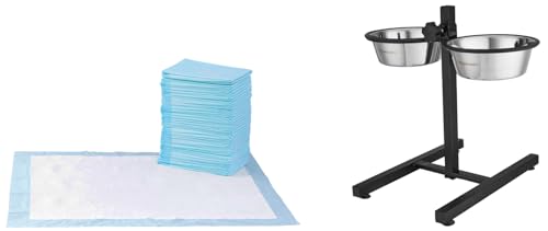 Image of AmazonBasics Pet Training Pads Extra-Large - 60 Pieces & Amazon Basics Adjustable Double Diner for Food and Water| Extra Rubber Support |H-Base and Two Removable Stainless Steel Bowls 2 X 1500 ml