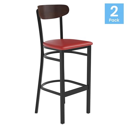 Image of Flash Furniture Wright Set of 2 Commercial Barstools - Walnut Wood Boomerang Back - Red Vinyl Seat - 500 LB. Capacity Black Steel Frame - Integrated Footrest