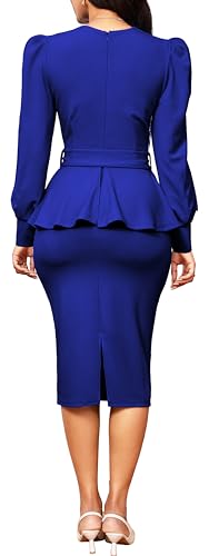 Image of Dresses for Women Elegant Long Sleeves Ruffles Pencil Knee Length Split Business Dress with Belt Zipper