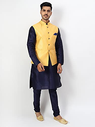 Image of Uri and MacKenzie Men's Silk Blend Regular Kurta Churidar Pyjama with Bundi Nehru Jacket /Waistcoat